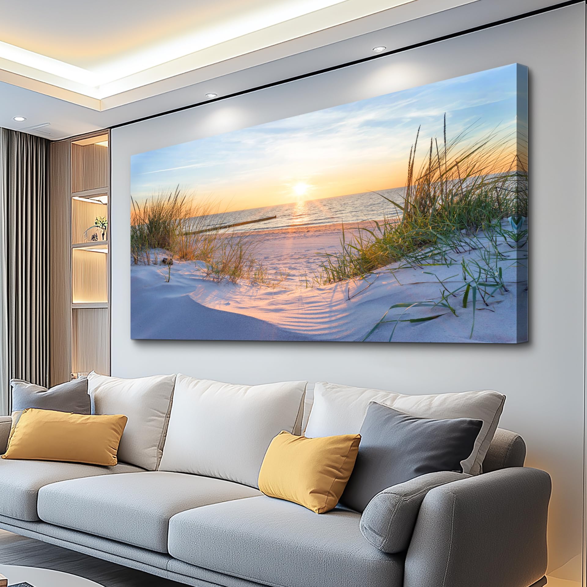 Photo 1 of *** PICTURE FOR REFERENCE ***Canvas Wall Art For Living Room Super Large Size Wall Decor For Office Canvas Art Framed Pictures Artwork Blue Sun Beach Grass Ocean Landscape Paintings Bedroom Decor Seascape Draw Home Decorations