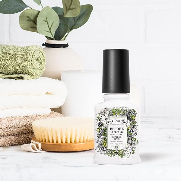 POO-POURRI BEFORE-YOU-GO TOILET SPRAY, BAMBOO RAIN, 2 FL OZ, UP TO 100 USES, BATHROOM ODOR DEODORIZER WITH ESSENTIAL OILS FOR HOME OR WORK, TRAVEL ESSENTIALS, TSA APPROVED SIZE, BAMBOO & FRESH GRASS