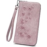 MEITRUE Womens Wallet Large Capacity Phone Clutch Purse RFID Floral Embossed Vegan Leather Travel Wallet with Wristlet Purple