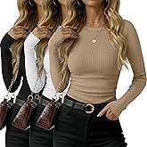 Oakgarden 3 Pack Women's Ribbed Long Sleeve Shirts Cotton Crew Neck Ribbed Tops Ruched Slim Fit Undershirts Casual Basic Tee