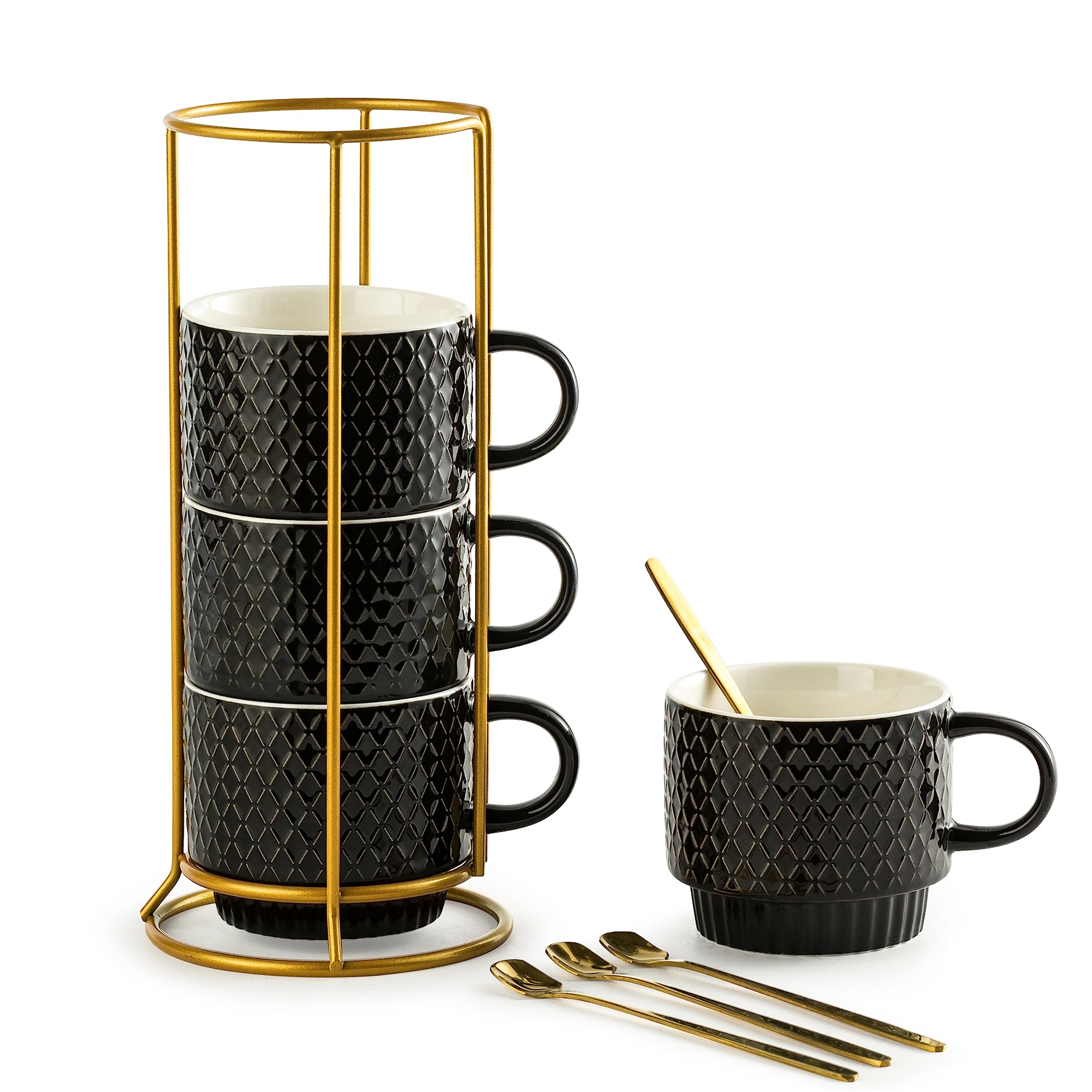 Photo 1 of Gomakren Coffee Mugs Set of 4, 13 Ounce Stackable Coffee Mug Set with Stand, Halloween Stoneware Coffee Cup with Spoon for Coffee, Milk, Tea, Cocoa, Black
