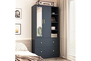 Hitow Wardrobe Armoire Closet with Mirror, 2 Door Wardrobe Cabinet with 2 Drawers & Extendable Hanging Rod, Bedroom Armoire Cabinet Clothes Organizer, Type A Blue (35.5" W x 15.8" D x 70.8" H)