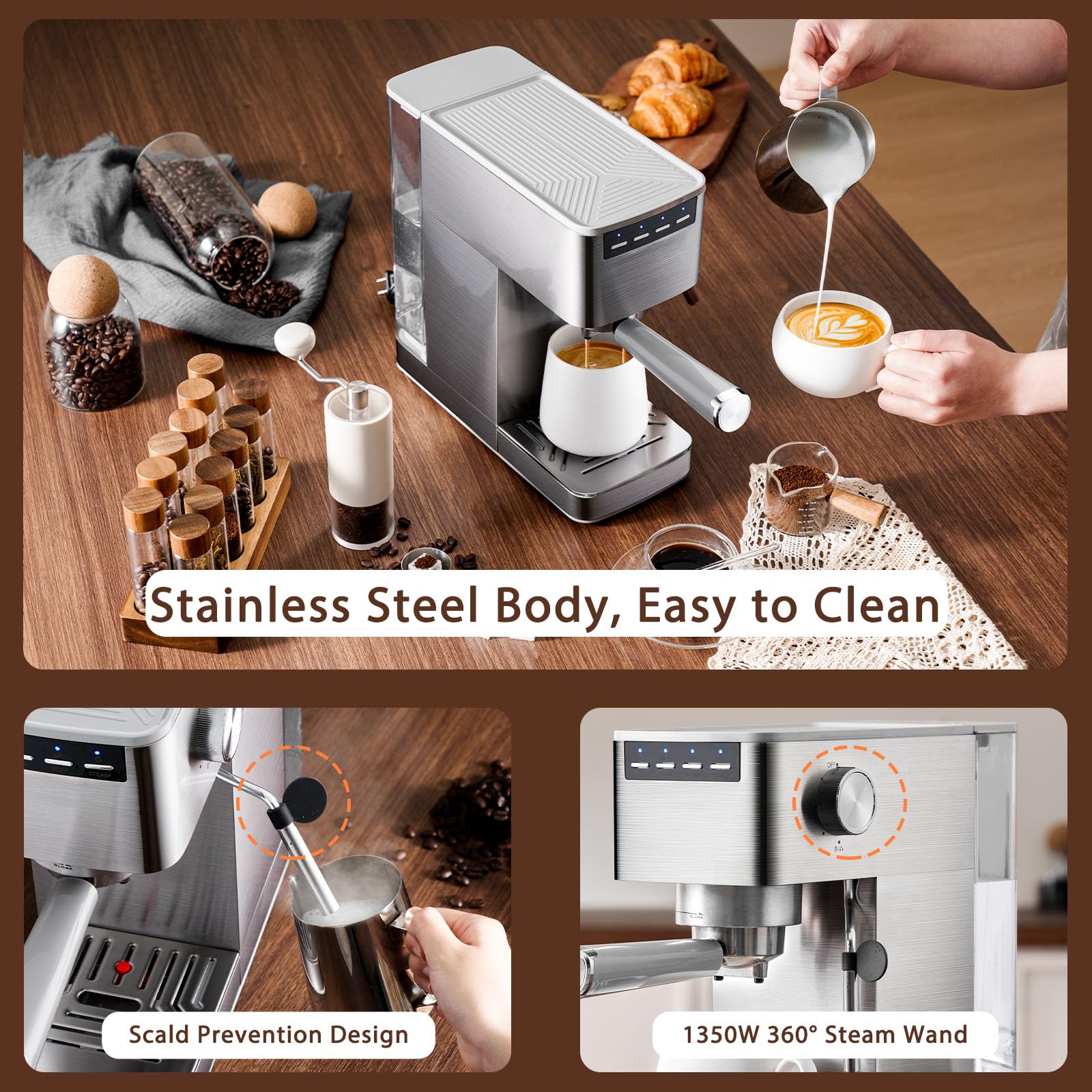 Espresso Machine with Milk Frother, Stainless Steel Espresso Maker, Cappuccino Latte Machine with 41oz Removable Water Tank, Cup Warmer, Easy to Clean Coffee Machine for Home Apartment