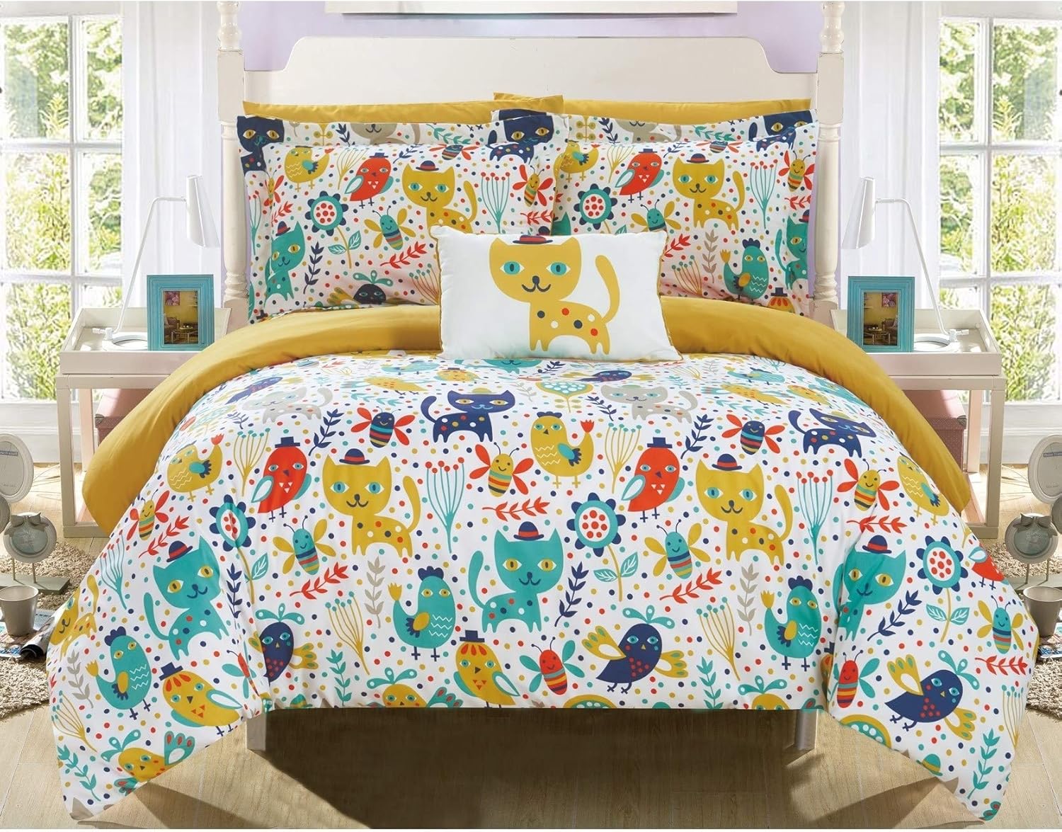 Amazon Com 6 Piece Cat Comforter Twin Set Kitty Bedding Kids Top Hat Kitten Bird Friends Floral Polka Dot Motif Themed Pattern Teal Blue Mustard Yellow Microfiber Home Kitchen