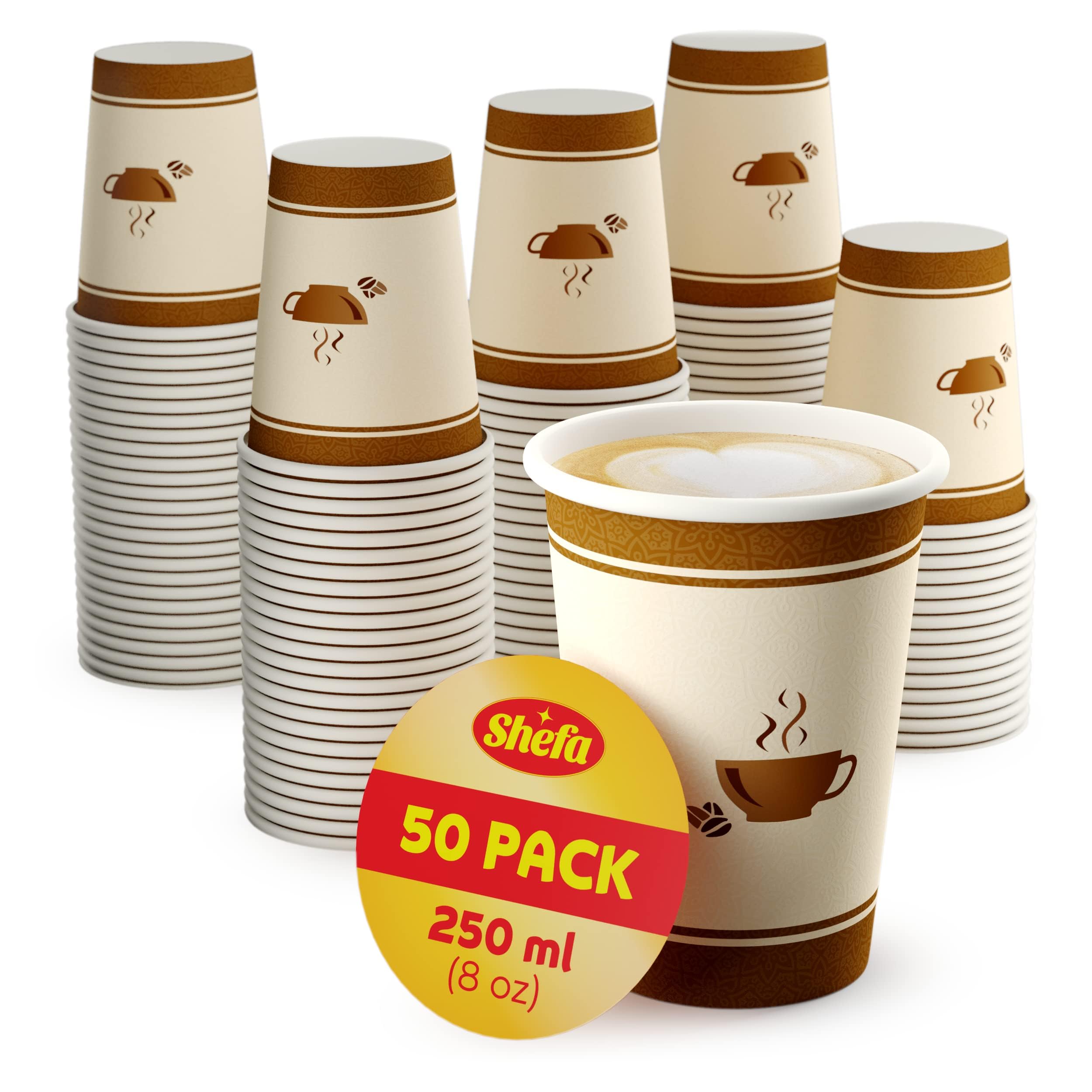Shefa 50 8oz Paper Drink Cups - Heat-Resistant, BPA-Free Hot & Cold Cups for Takeaway and Coffee Shops