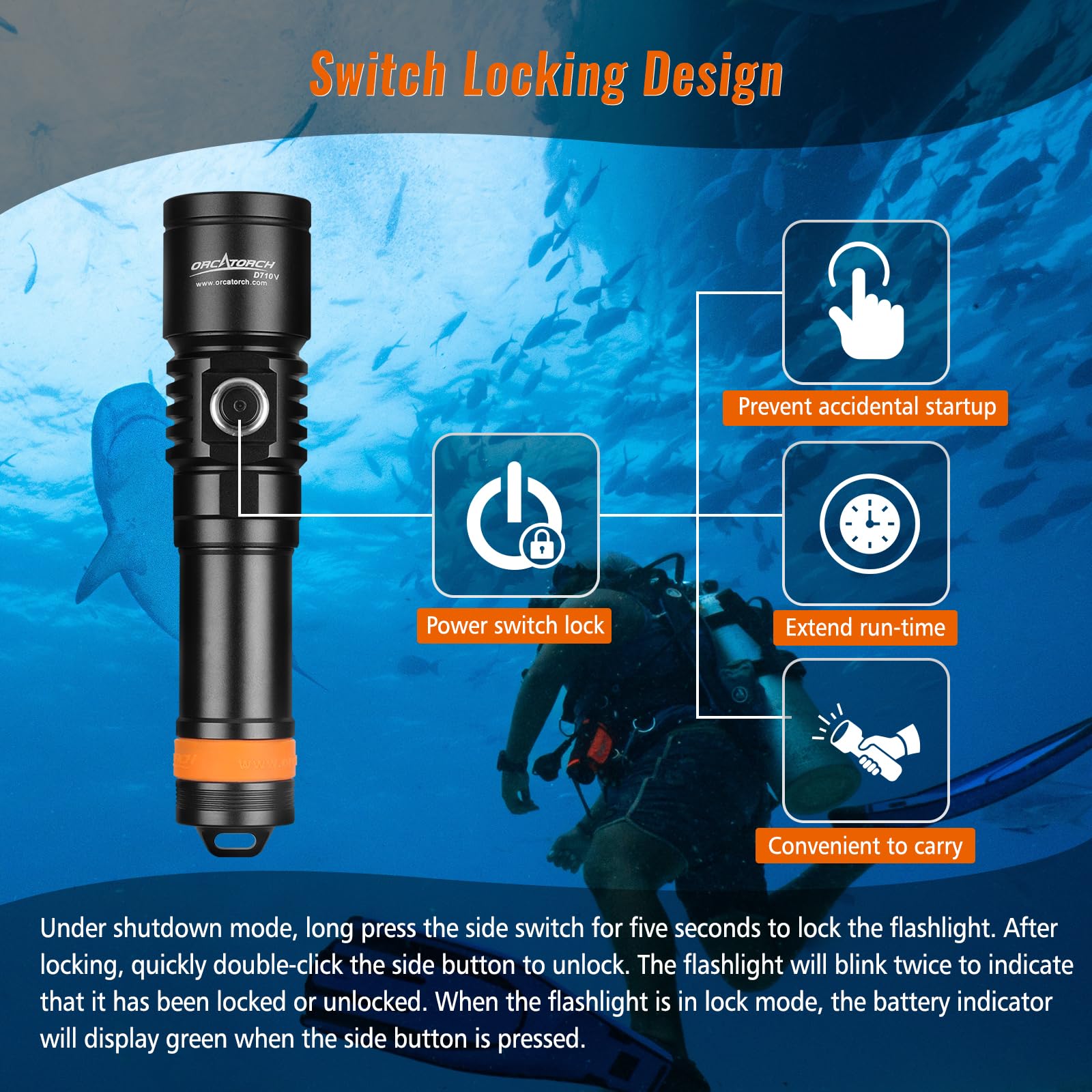 ORCATORCH D710V MK2 2300 Lumens Upgraded Underwater Video Light, White Red Violet Tri-Color, 120-Degree Wide Beam Scuba Flashlight for Dive Photography Fill Light and Fluorescent Night Diving