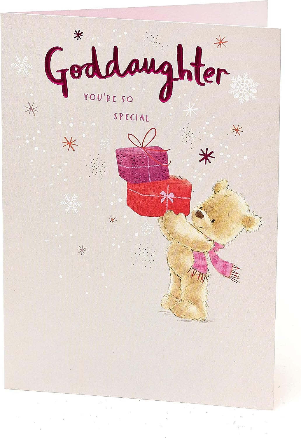 UK Greetings Christmas Card for Goddaughter - Teddy & Presents Design, Goddaughter Teddy & Presents, 140mm x 195mm - Image 4