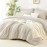 CozyLux Twin XL Comforter Set Beige - 5 Pieces Striped Seersucker Twin Extra Long Bed in a Bag for College Dorm, Soft Lightweight Boho Bedding Set with All Season Comforter, Sheets, Pillowcase & Sham
