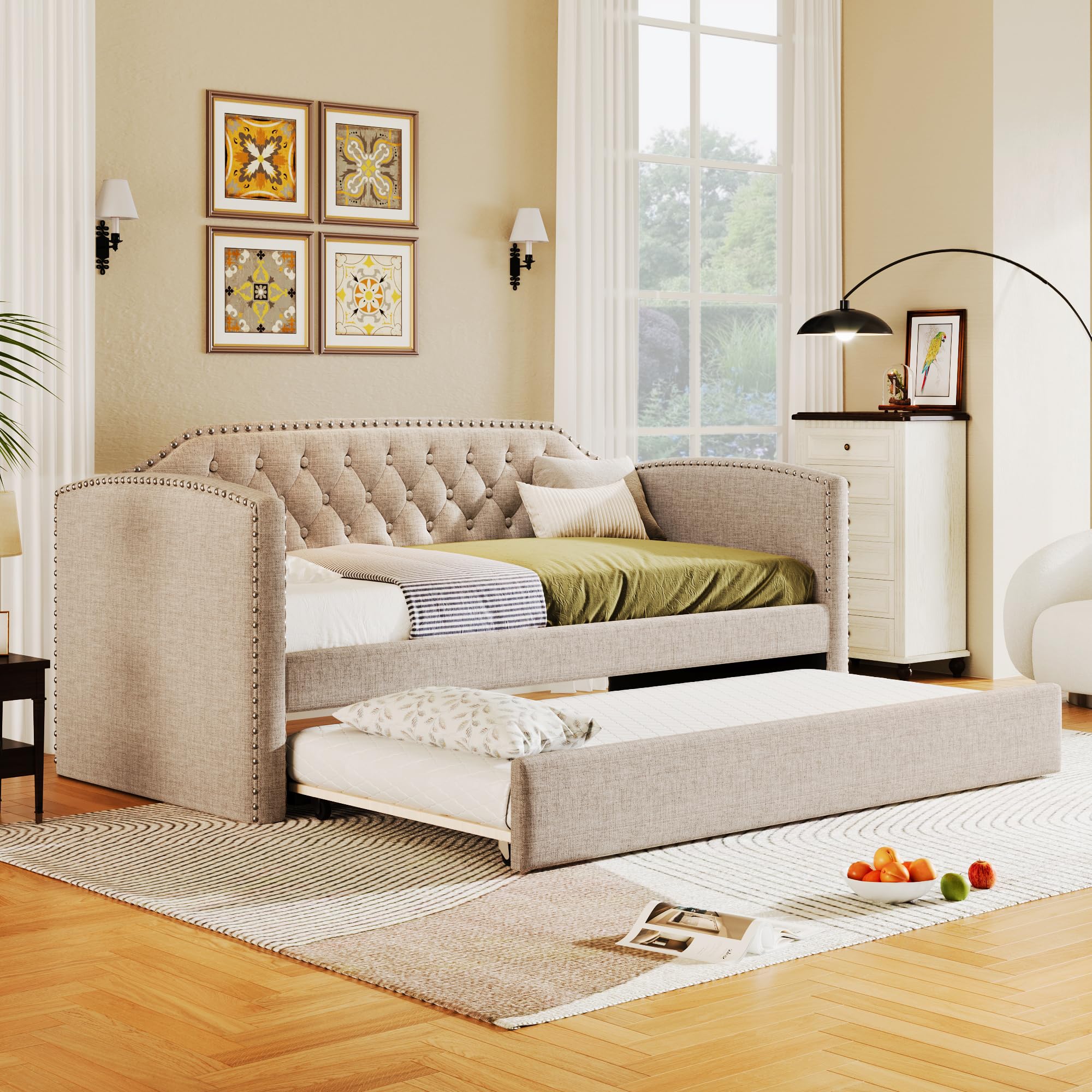 Photo 1 of ***BOX 2 of 2 ONLY**DNYN Full Size Upholstered Daybed with Trundle for Kids/Adults,Wooden Platform Bedframe w/Tufted Button & Rivet Armrest Design,No Box Spring Needed,for Small Space,Bedroom,Guest Room, Beige