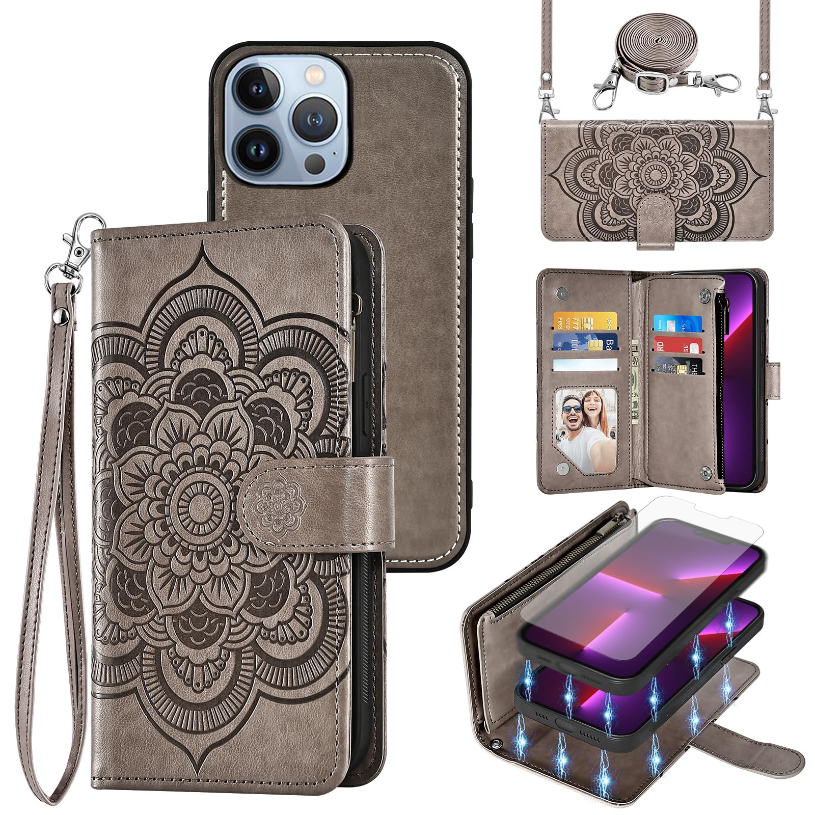 Photo 1 of Asuwish Phone Case for iPhone 13 Pro Max 2021 6.7 inch Zipper Wallet Detachable Cell Cover with Screen Protector Strap Flower Card Holder iPhone13promax 5G i Phone13Max Plus iPhone13 ProMax Women Gray