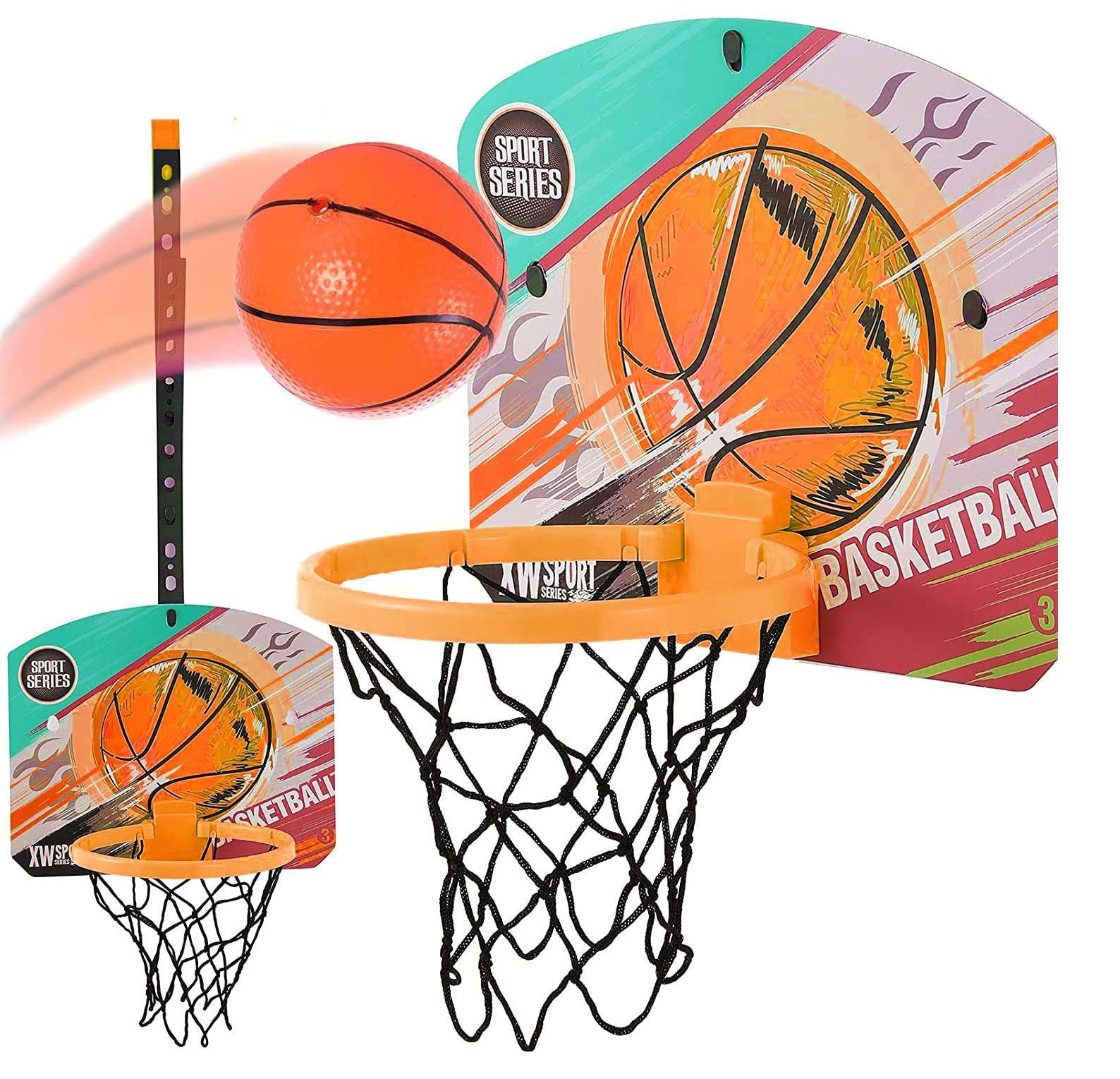 Xwin Kids Basketball Hoop Indoor Outdoor, Over Door Mini Basketball Set with Adjustable Height, Easy Hangable Strap, Backboard & Net, Home Office Play Toy for 3+ Years Boys & Girls