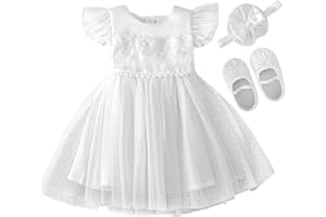 Booufi Baby Girl Clothes 3 Pc White Baby Dress Matched Bonnets Headband Shoes Baptism Dress for Baby Girl Flower Girl Dresses