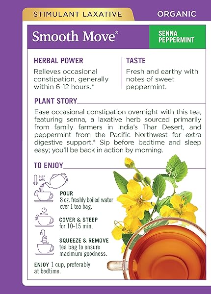 TRADITIONAL MEDICINALS ORGANIC SMOOTH MOVE SENNA PEPPERMINT HERBAL TEA, RELIEVES OCCASIONAL CONSTIPATION, (PACK OF 3) 48 TEA BAGS TOTAL