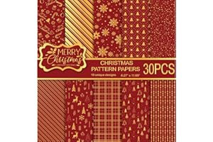 MIAHART 30 Sheets Christmas Pattern Paper Set A4 Size Red and Gold Festival Decorative Craft Paper Double-Sided for Card Making Scrapbook, 10 Designs