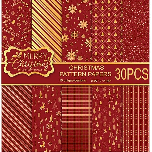 Christmas Craft Supplies MIAHART 30 Sheets Christmas Pattern Paper Set A4 Red And Gold Holiday Cardstock
