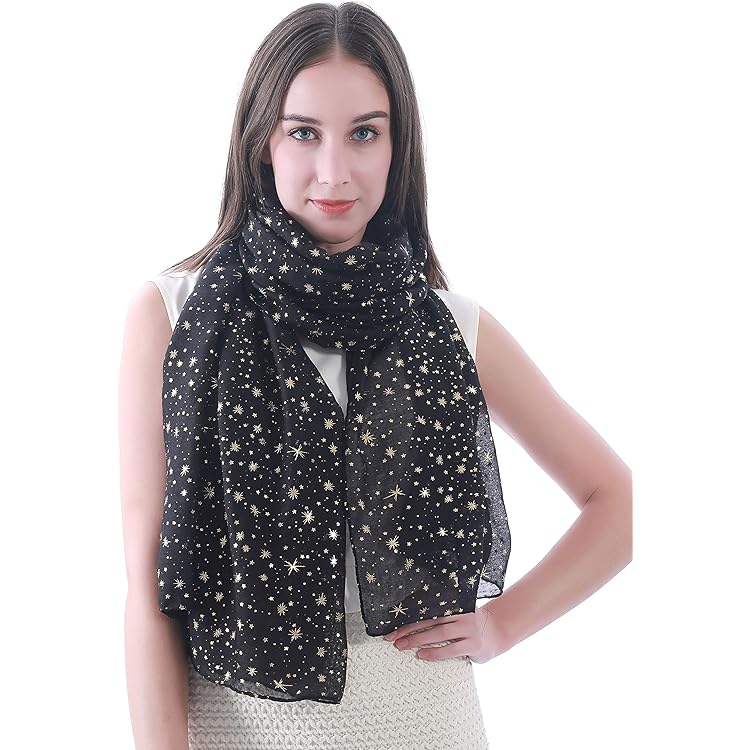 Cotton Scarf with Stars - Black OSFM at Amazon Women's Clothing store