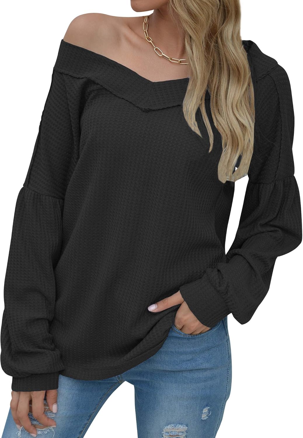 Womens V Neck Off The Shoulder Long Sleeve Solid Color Waffle Knit