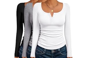 Ekouaer Women's Long Sleeve Henley T Shirts 3 Packs Fall Button Slim Fit Tops Basic Base Layer Soft Thermal Undershirts