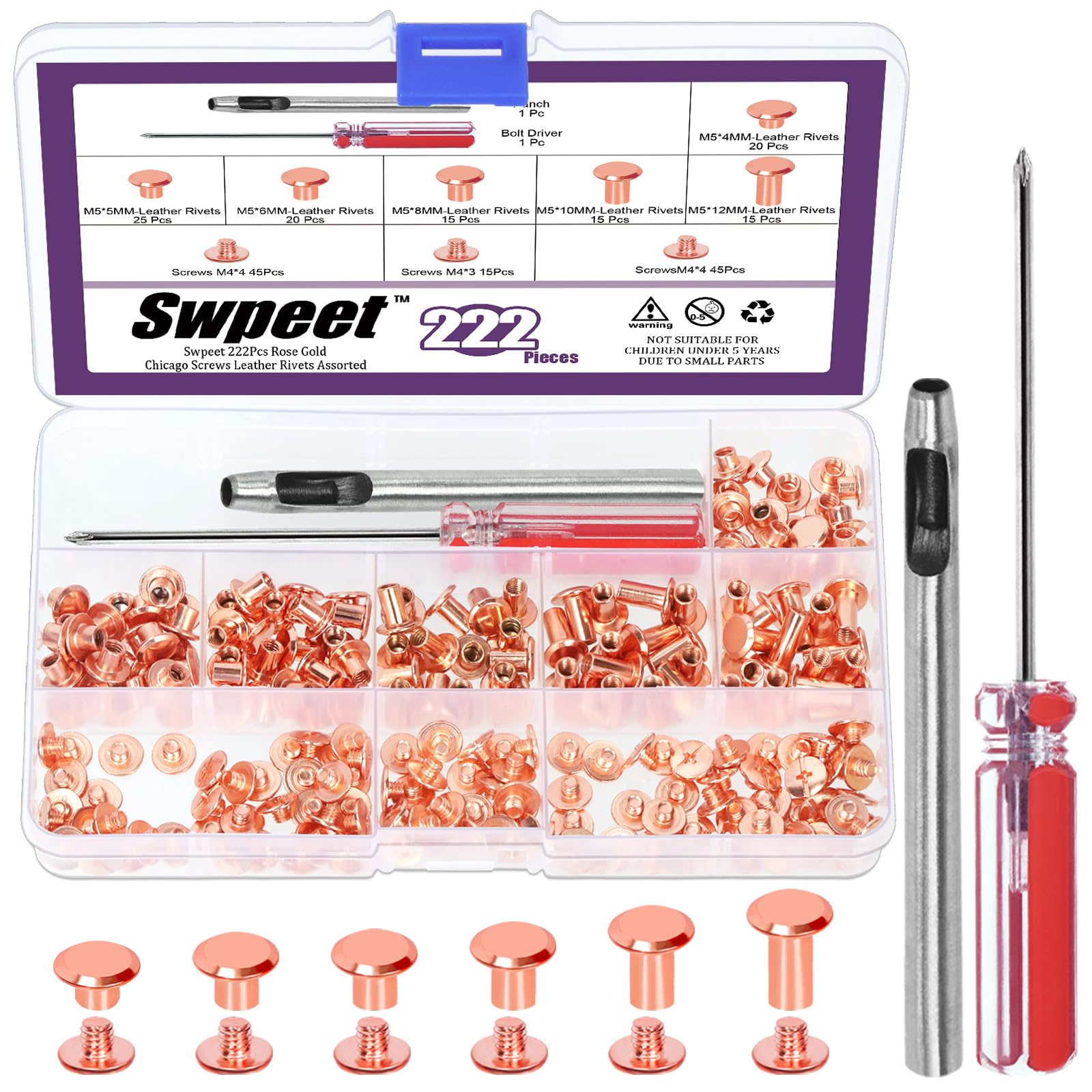 Swpeet 110 Set 6 Sizes M5 x 4mm/5mm/6mm/8mm/10mm/12mm Rose Gold Leather Rivets Chicago Binding Screws with Install Tools Assortment Kit, Screw Rivets M5 Chicago Binding Screws for Repair Leather