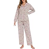 LUBOT 100% Cotton Pajamas for Women 2 Piece PJ Set Woven Poplin Ladies Button Long Sleeve Lightweight Sleepwear XS-XXL