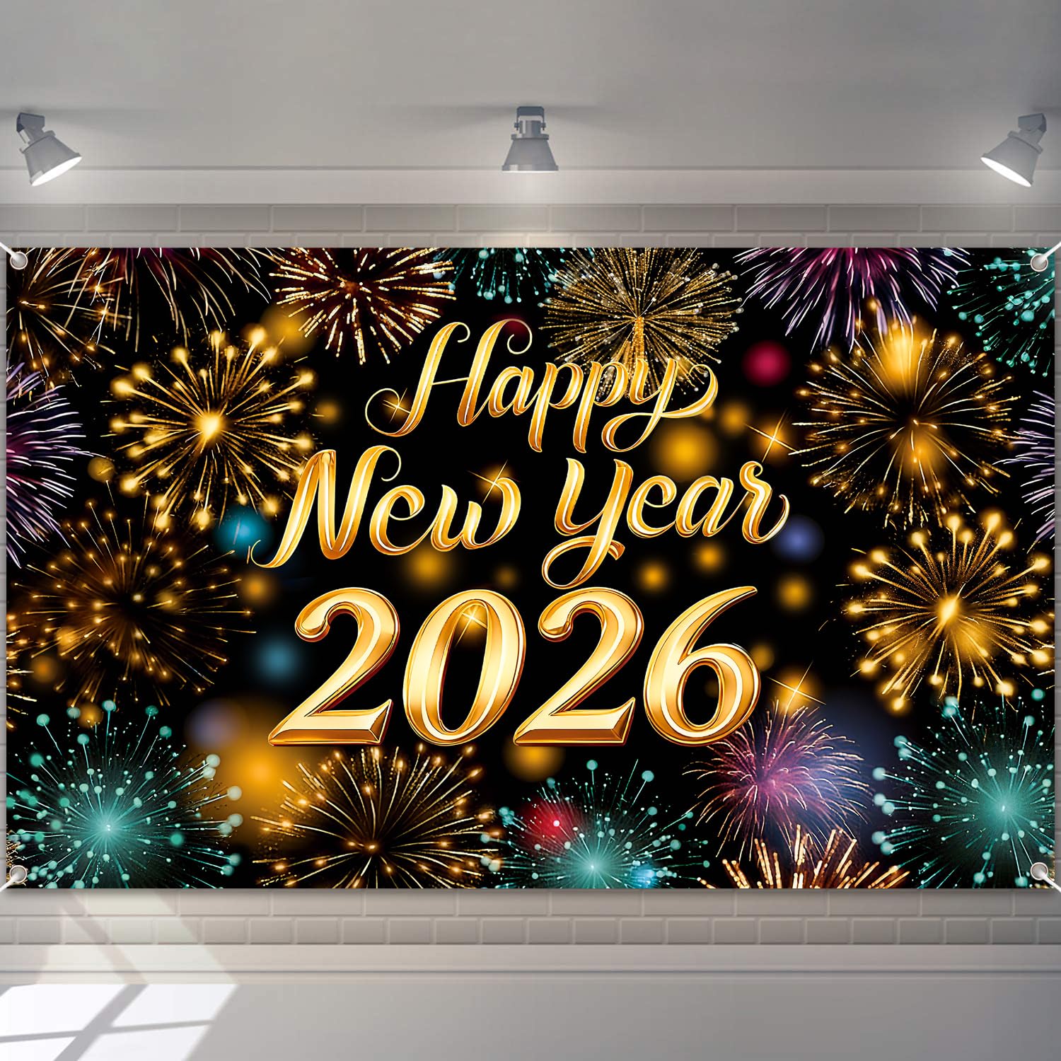 Photo 1 of 2026 Happy New Year Banner Backdrop Firework Sign Poster Background Banner for 2026 New Year Party Decorations