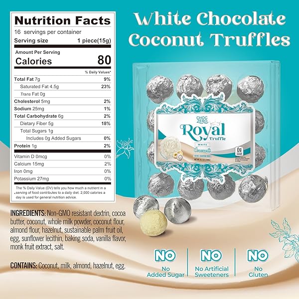CHOCZERO WHITE CHOCOLATE COCONUT HAZELNUT TRUFFLES, ZERO ADDED SUGAR, GLUTEN FREE, KETO HOLIDAY GIFT, HIGH FIBER, 16 INDIVIDUALLY WRAPPED PIECES, 8.5 OUNCE (PACK OF 1)