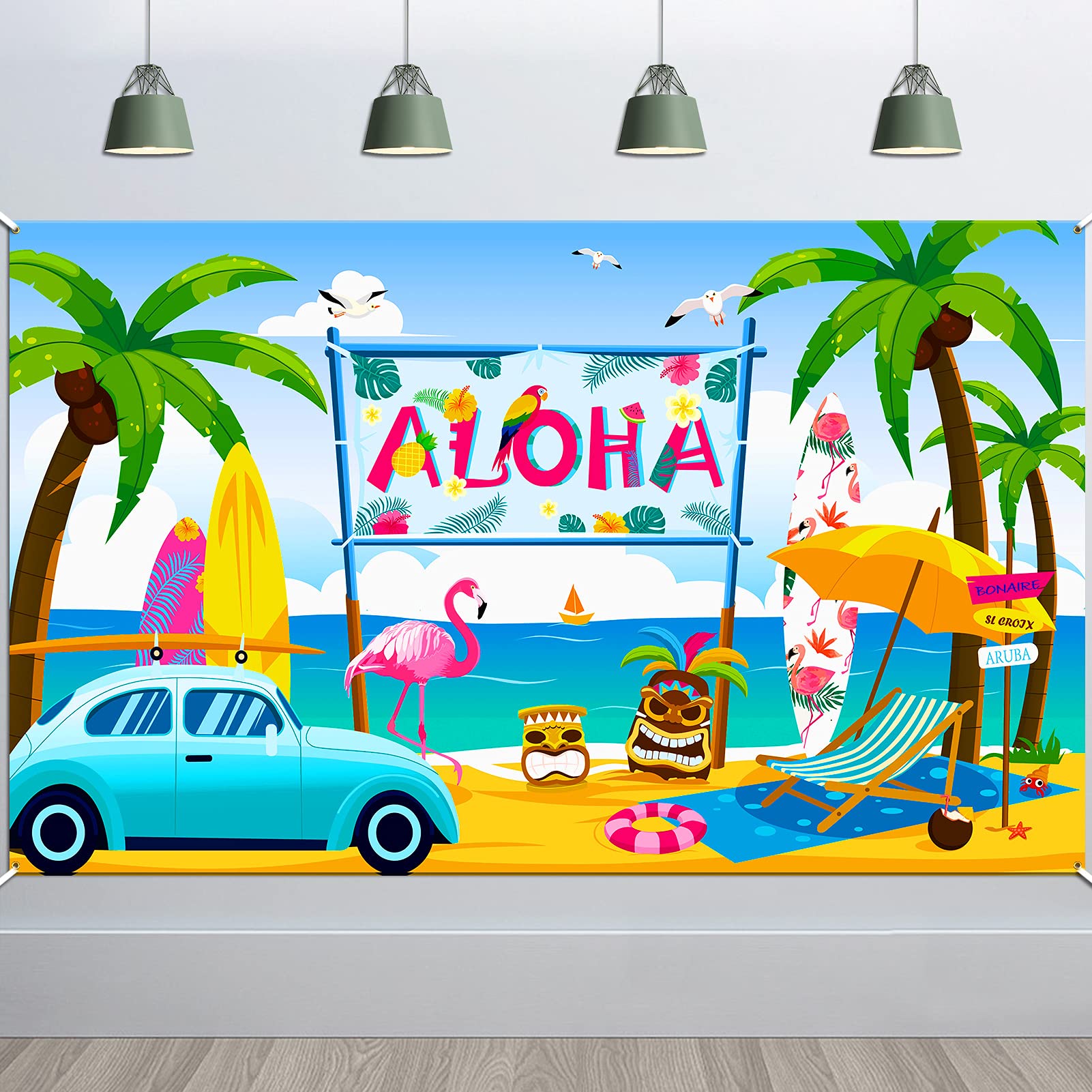 HOWAF Aloha Background Banner for Hawaiian Party Decoration, Big Fabric Tropical Summer Party Banner for Wall Garden Outdoor Decoration, for Beach Luau Tiki Party Backdrop Decoration 185 * 110cm