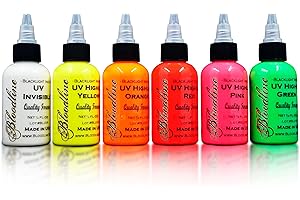 BLOODLINE TATTOO INKS Bloodline Ink Professional Blacklight UV 6 Color Set - 1/2 oz (15 ml) - Highlight Series. Made in The U.S.A. Six Bright Fluorescent Inks for Your Vibrant Ideas