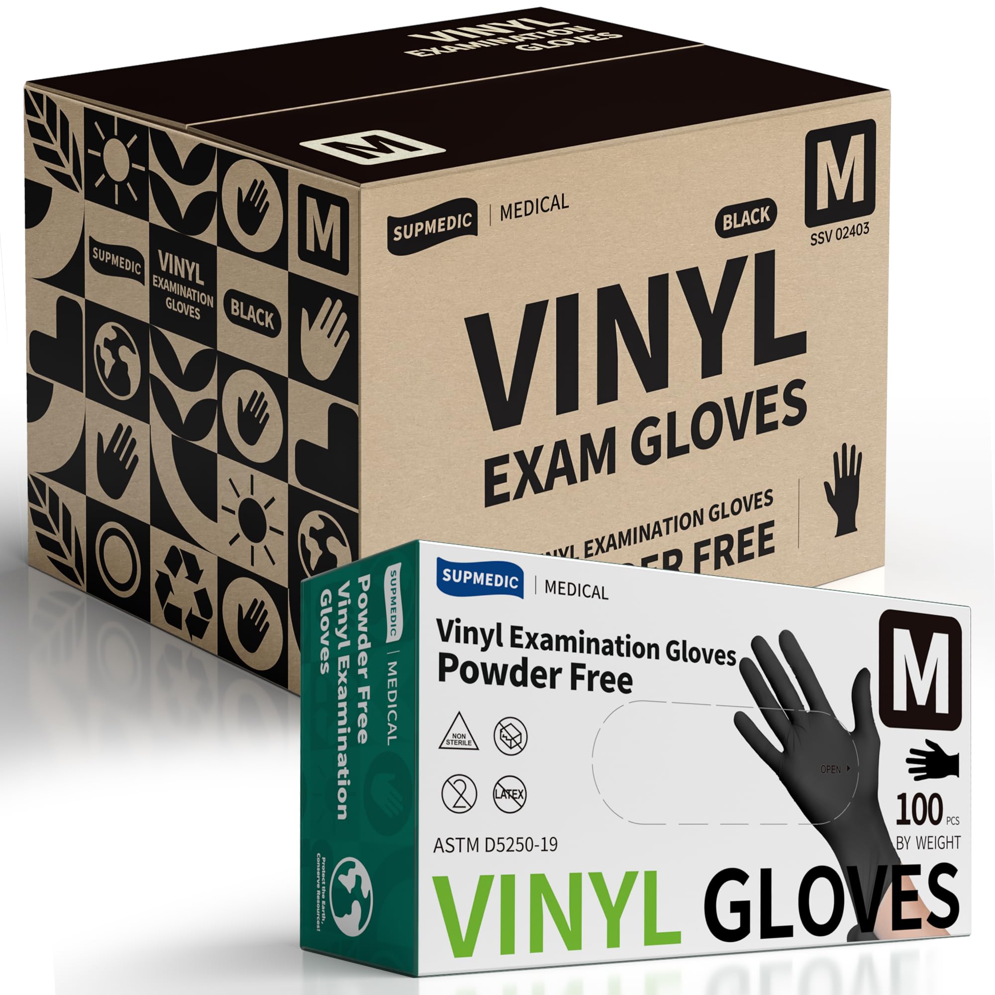 Supmedic Vinyl Disposable Exam Gloves, Black 4 Mil Powder-Free Latex-Free Medical Food-Safe Cooking Cleaning Glove, 1000 Pcs (Medium) Image