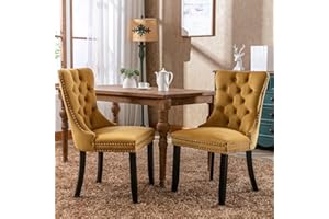 extrasleep Wood Dining Chairs Set of 2, Modern Velvet Upholstered High-end Tufted Nailhead Trim Accent Chair with Solid Wood Legs, Kitchen Chairs for Dining Table Set for 2, Gold