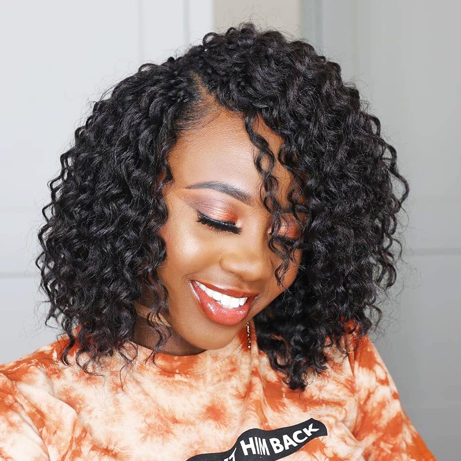 Photo 1 of Crochet Human Hair Deep Curly Human Hair Crochet 12 Inch Feather Human Crochet Hair for Black Women Invisible Micro Loop Kontless Extensions for Boho Braids 60g 50 Strands(12Inch Black)