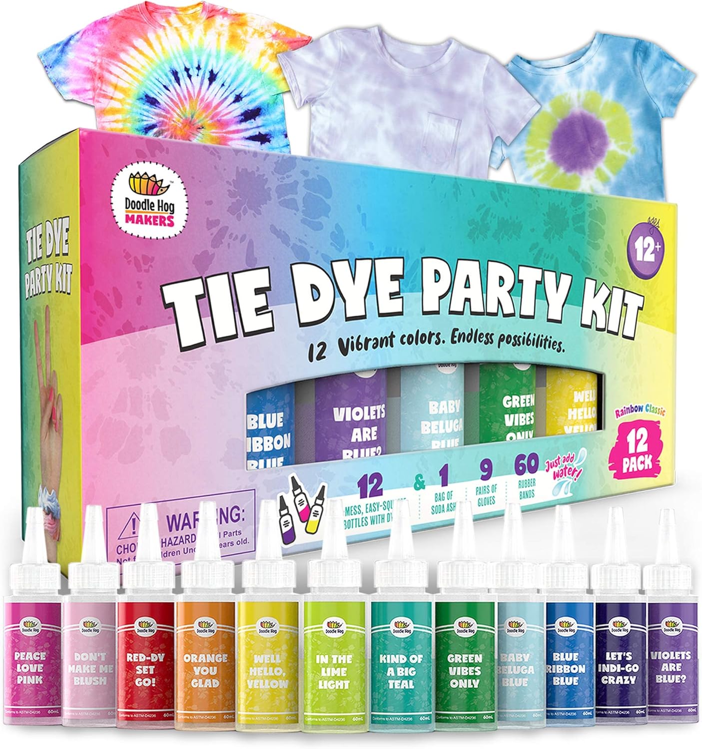 Doodlehog Easy Tie Dye Party Kit for Kids, Adults, and Groups. Create Vibrant Designs with Non-Toxic Dye. 12 Colors Included! Beginner-Friendly: Just Add Water! Dye up to 10 Medium Kids T-Shirts!: Arts, Crafts & Sewing