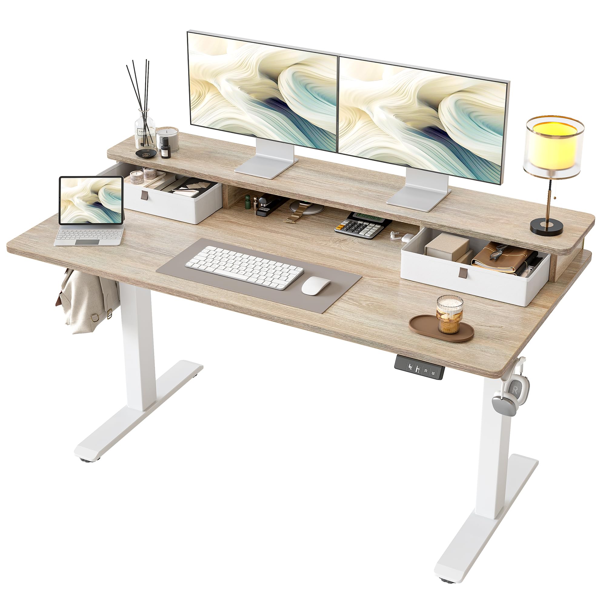 Photo 1 of TIQLAB Standing Desk with Two Drawers, Stand Up Standing Desk Adjustable Height, Electric Sit Stand Table with Storage Shelf and Splice Board, 55 * 24 inch, Maple
