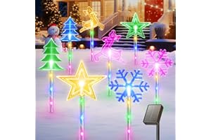 8 Pack Christmas Decorations Outside, RECHOO Colorful 4 Shapes Solar Christmas Lights with 32 LED and 8 Lighting Modes, Waterproof Solar Stake Lights Outdoor Christmas Decorations for Pathway Yard