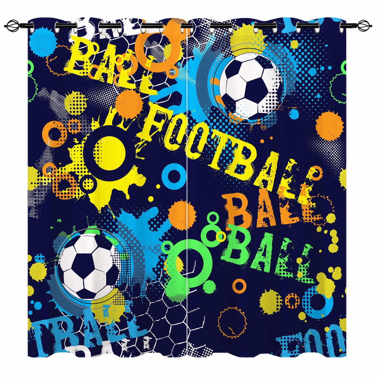 YUANZU Boys Curtains - Kids Abstract Colorful Sport Football Print Pattern Eyelet Blackout Thermal Insulated & Room Darkening Window Drapes for Nursery Baby Bedroom Playroom 2 Panels W117cm x D137cm