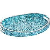 PEMAR 15.7" x 11.8" Oval Capiz Shell Serving Tray, Decorative Ottoman Tray for Living Room, Coffee Table, Breakfast in Bed, Candle Display (Teal Sunlight)