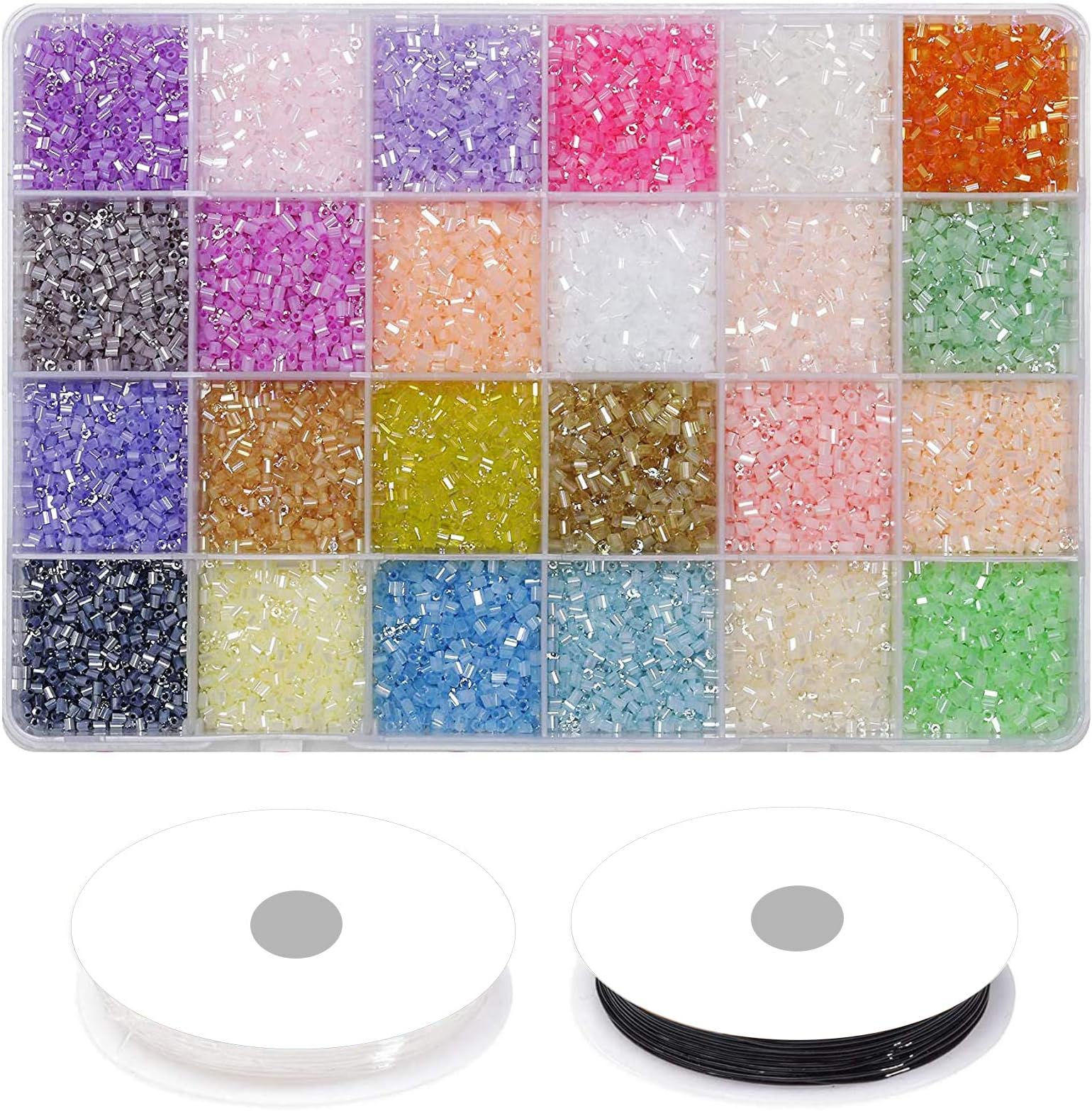 21000pcs Beading Glass Bugle Seed Beads, 3mm Pony Tube Beads Kit with Crystal Rope for DIY Bracelets Clothes Decoration Earring Jewelry Making (3mm, 24colors-Glass Beads C)