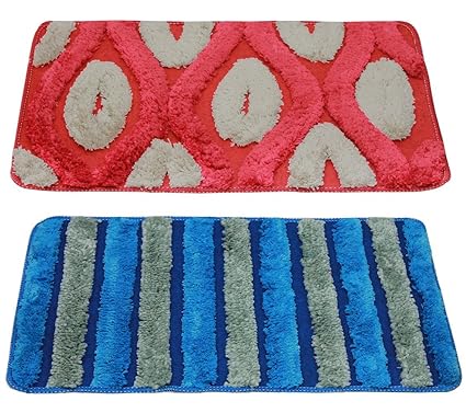 Story@Home Door Mat Combo Set of 2, Diana Premium Cotton Blend Series, Soft, Anti Slip and Water Absorbing (Machine Washable) - Red and Blue