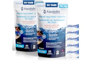 Aquatabs 49mg Water Treatment Tablets for 1L, 2 x 50-Pack (100 Tabs Total), Retail Packaging - Camping, Hiking & Travel - Iod