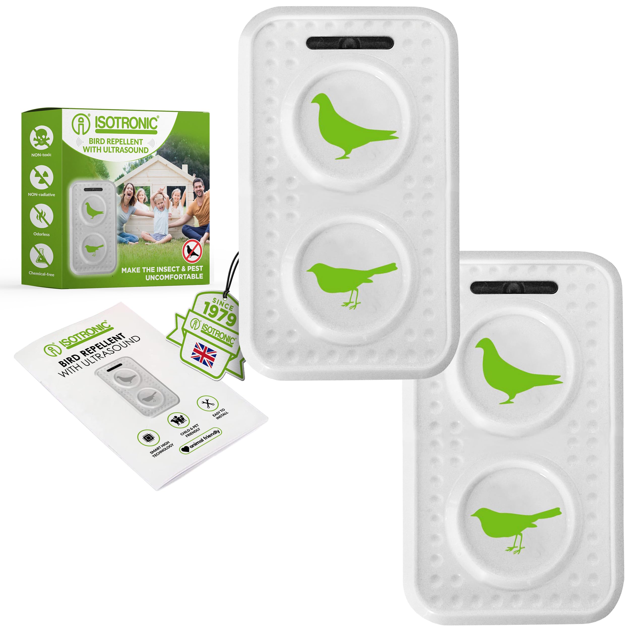 ISOTRONIC® Ultrasonicar Bird Repeller, bird-control ultrasonic scarer pigeon to protect garden, house and boat, 2 pieces