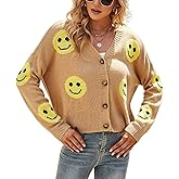 ebossy Womens Ribbed Knit Cardigans Slouchy Cute Smile Graphic Pretty Daisy Button-up Jacquard Knitted Sweater Coat