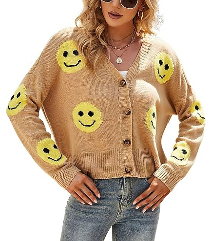 chouyatou Women's Loose-Fit Smile Face Jacquard Knitted Cardigan