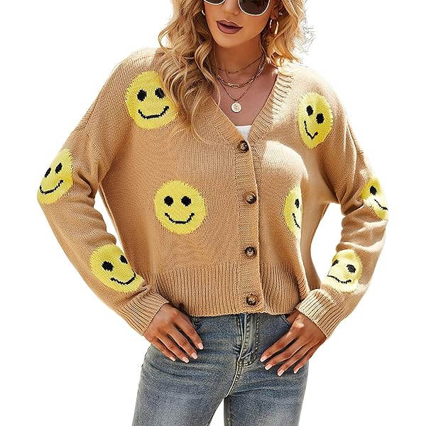 chouyatou Women's Loose-Fit Smile Face Jacquard Knitted Cardigan