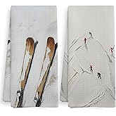 XNXLDYLH Winter Skier Kitchen Towels Set of 2, Ski Lover Themed Gifts for Women Men Kids, Mountain Skiing Decor Dish Hand Tea Towels for Bathroom Kitchen, 16x24 Inch