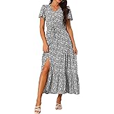 Seta T Women's Summer Maxi Dresses V Neck Split Hem Short Sleeve Casual Sundress Floral Boho Beach Dress