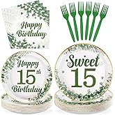 96Pcs 15th Birthday Party Supplies Sage Green 15th Birthday Plates and Napkins Sweet 15 Years Old Tableware Set for Girls Boys Party Supplies,Serves 24