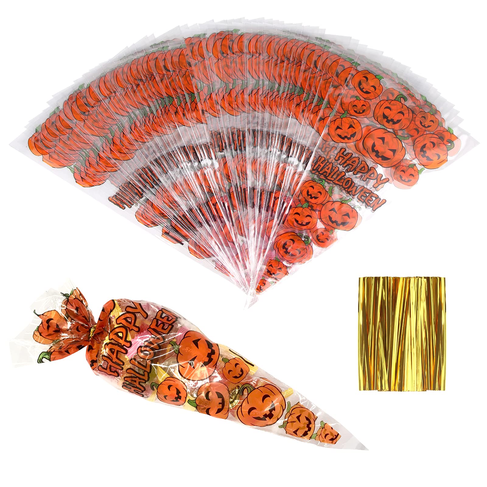100Pcs Halloween Cone Bags, Pumpkin Cellophane Trick or Treat Bags With Gold Twist Ties, Triangle Candy Sweet Bag for Party Snacks, Chocolates, Popcorn, Cookies, 30 x 16cm