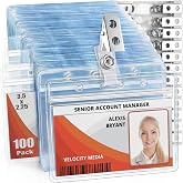 2.25x3.5 Horizontal ID Name Badge Holder with Clip &amp; Straps - 100 Pack | Mifflin clear plastic identification name tag holders with metal bulldog clips and vinyl snap straps, soft edge, zipper seal