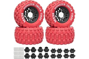 LRFHL MX28 F/R 2.8" RC Tire and Wheels with 12mm/14mm Hex Adapter, 1/10 RC Monster Truck Tires Compatible with Traxxas Stampede Rustler Arrma Vortek Big Rock Granite (4PCS, Red)