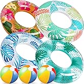 90shine 7PCS Luau Pool Floats: Hawaiian Swimming Rings with 13.5" Beach Balls - Inflatable Tubes Floaties Toys for Kids Adults